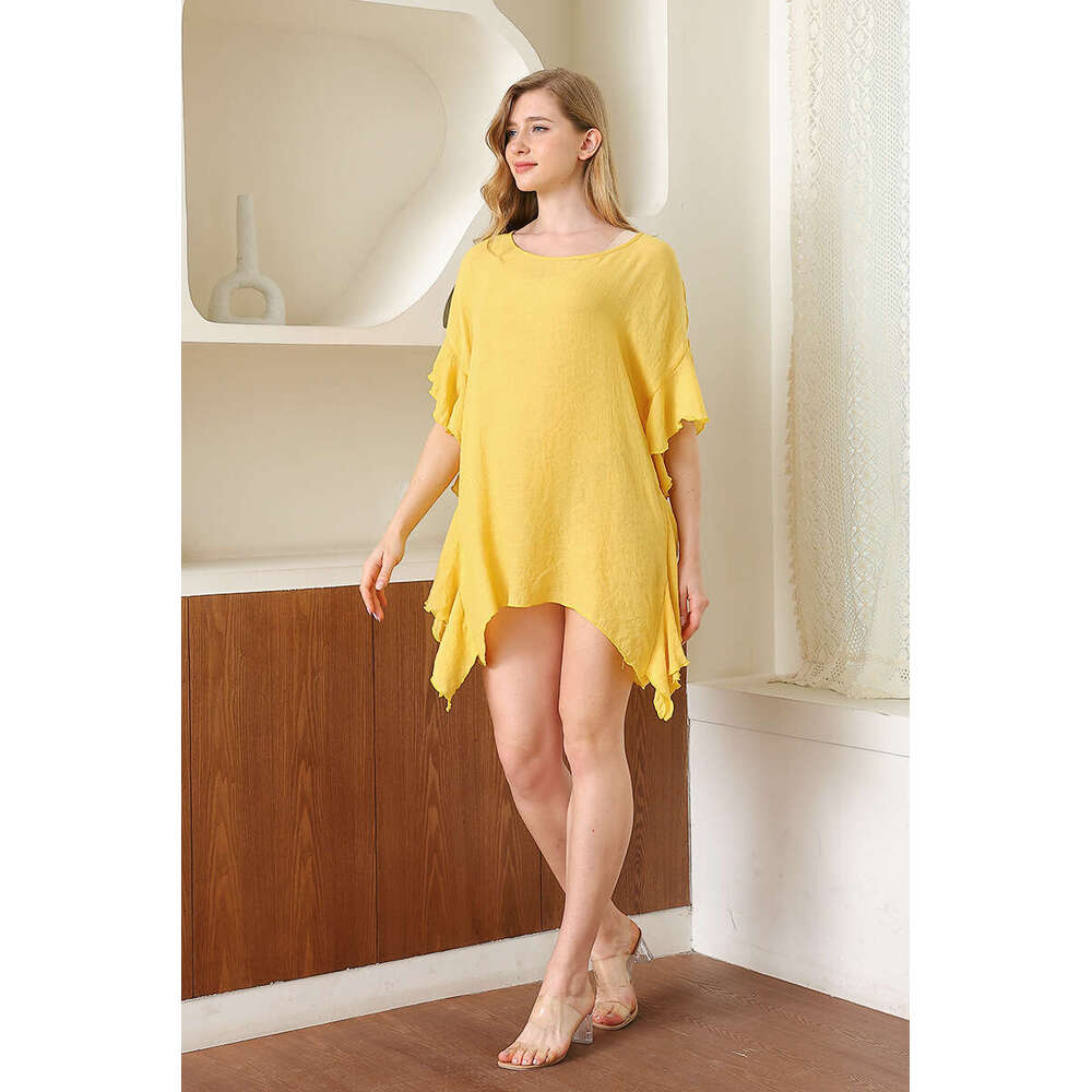 Summer Women's Clothing Ruffle Solid Color Simple Loose Beach Bikini Cover-Up Sun Protection Dress B5