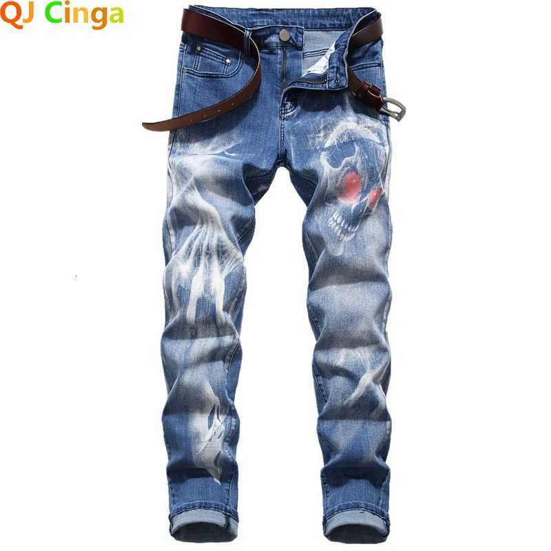 Blue Men 3D Printing Jeans Denim Black Wolf Pattern Printed Punk Straight Cotton Casual Print Denim Pants Asian Size 28-42 X2507181
