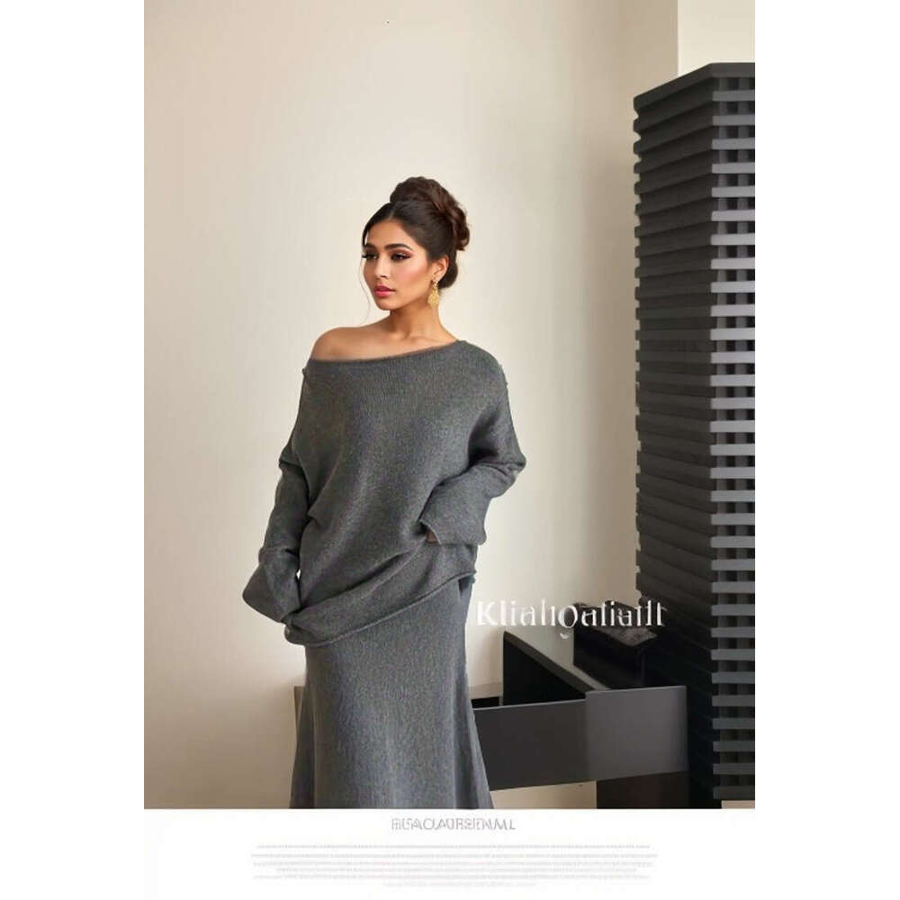 Autumn Winter New Elegant Knitted Set For Women Off-Shoulder Sweater Top Elastic Waist Fishtail Skirt B5