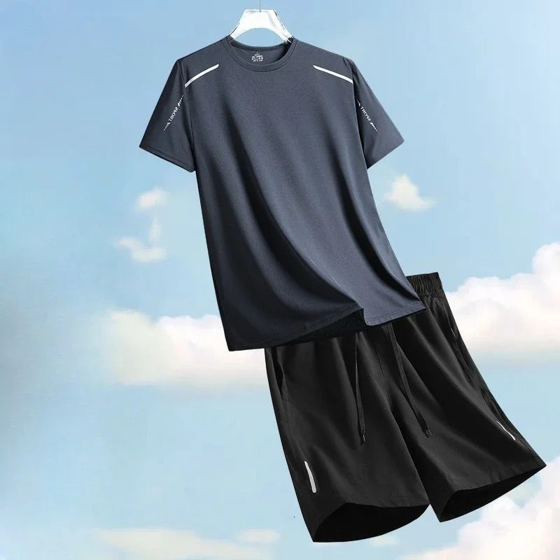 Ice Silk T-shirts Shorts Men Sports Suits Plain Summer Clothes Two-piece Set Korean Style 2025 Baggy Cool Elastic Man Sets 250715