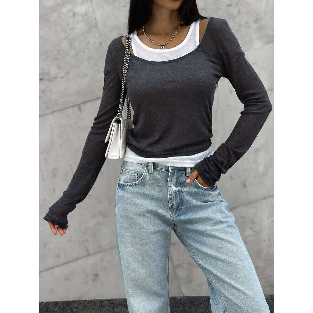 Color Block Fake Two-Piece Long Sleeve T-Shirt For Women Spring And Autumn Slimming Modal Layering Base Shirt B5