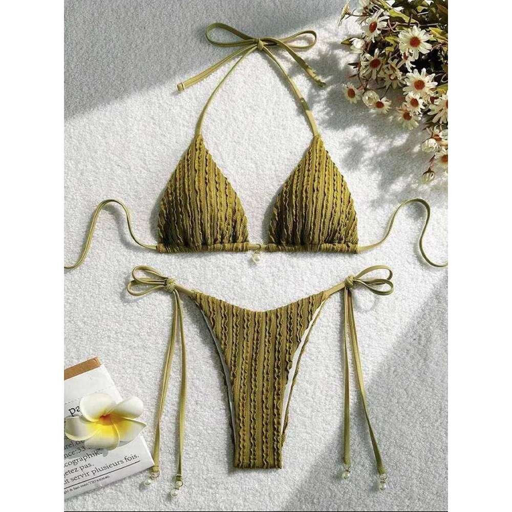 AOTVOTEE Sexy Backless 2 Pieces Women Laced Up Solid Split Swimsuit Beach Bikini 2025 New Summer Swimwear Bikinis Set