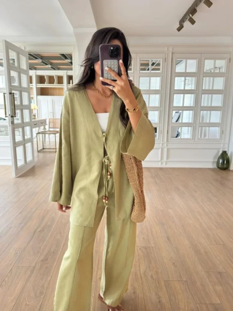 Casual Beading Lace Up Shirt Pants Set Women Loose V Neck String Long Sleeve Shirt Wide Leg Pant Autumn Chic Lady Outfit 250715