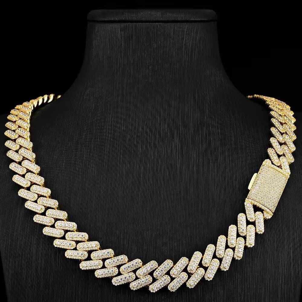 JWY Mens 925 Silver 14mm Full VVS Moissanite Cuban Chain Necklace Gold-Plated Hip-hop Punk Style Unique Design for Style-