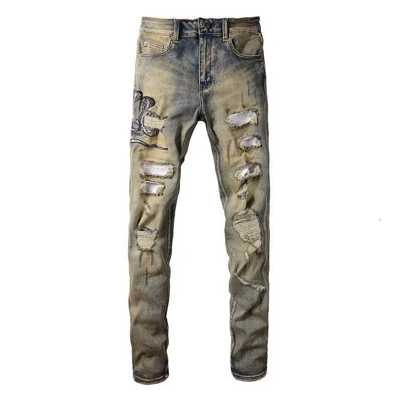 Men Snake Embroidery Denim Jeans Vintage Blue Snakeskin Leather Patch Stretch Pants Skinny Tapered Trousers X2507181