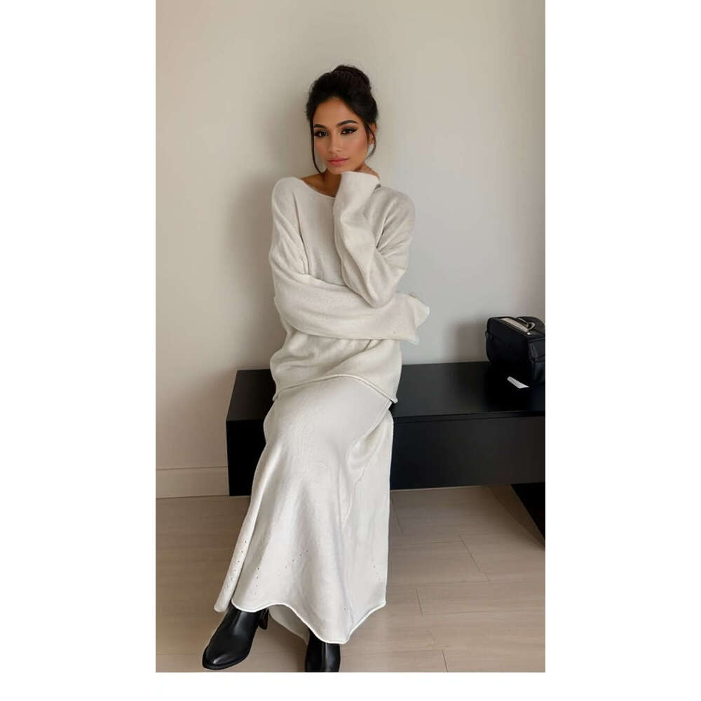 Autumn Winter New Elegant Knitted Set For Women Off-Shoulder Sweater Top Elastic Waist Fishtail Skirt B5