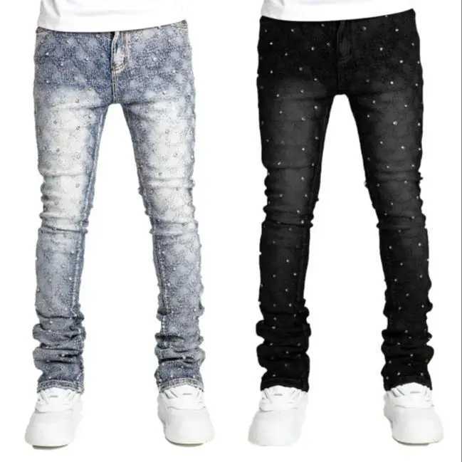 Mens denim fashion personality straight leg mens pants European and American fashion Instagram hot item elastic pearl denim X250718
