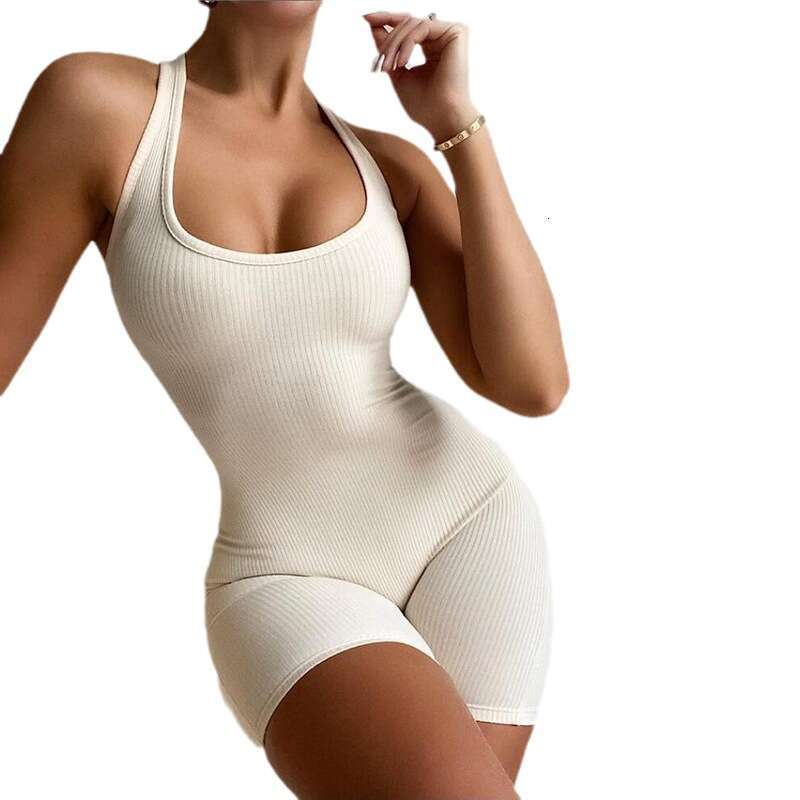 Fashion Summer Women's Solid Color Hollow Out Halter Sexy Slim Fit Backless One-Piece Sports Shorts B5 g7