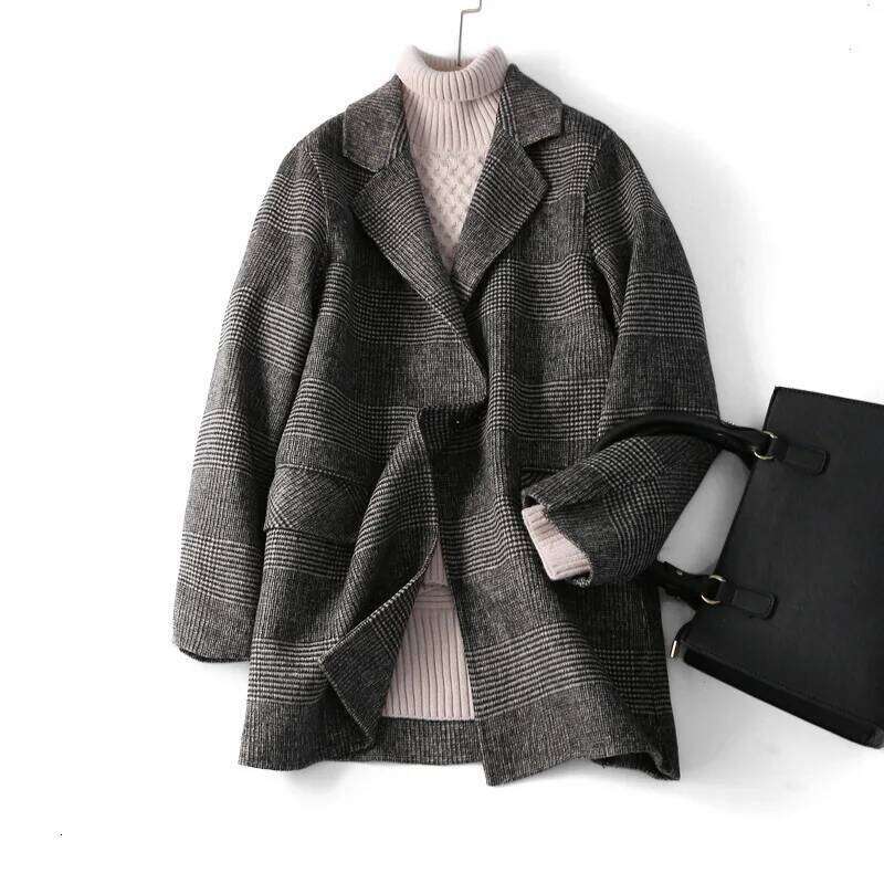 Handmade Sewn Double-Sided Woolen Blazer Women Spring Autumn Plaid Wool Overcoat Office Lady Casual Suit Coat Thick Jacket MDNG