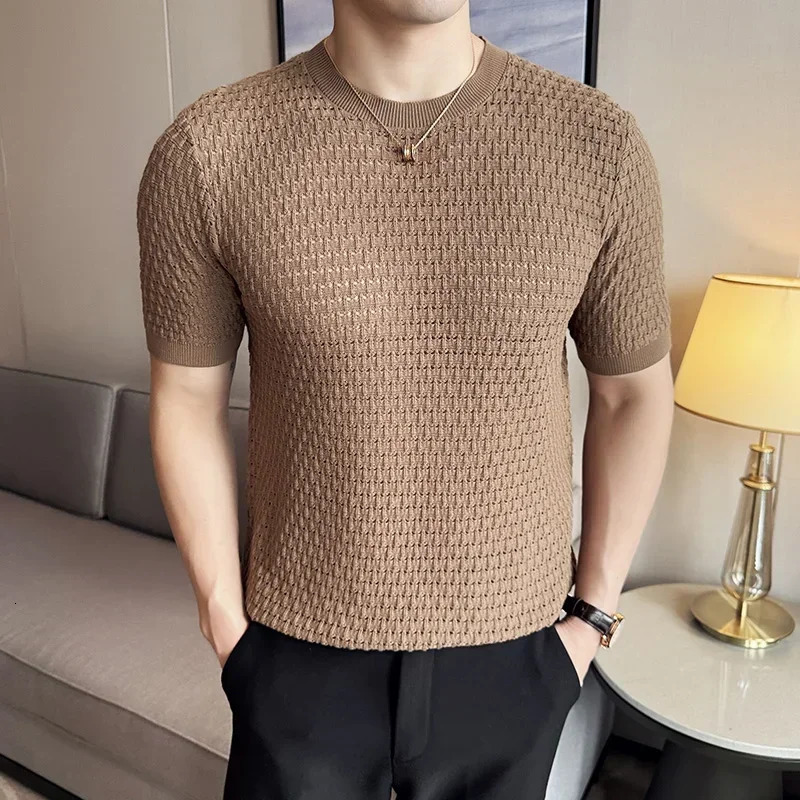Men T-shirt 2025 Summer Thin Ice Silk Knitted Hollow Out Round Neck Short Sleeve Elastic Slim Fit T-shirt Men Clothing Top 250715
