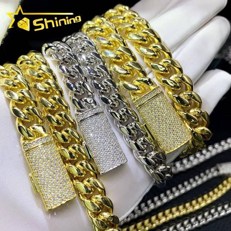 Hip Hop Necklace 8mm 10mm 12mm 14mm 18mm Stainless Steel Gold Plated Moissanite Miami Cuban Link Chain