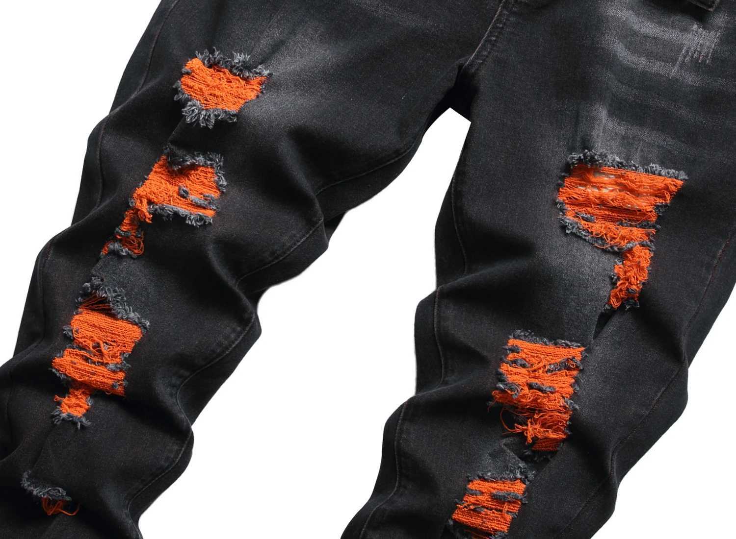 Mens black distressed jeans Mens orange distressed long pants Casual party stretch denim long pants 511 X250812
