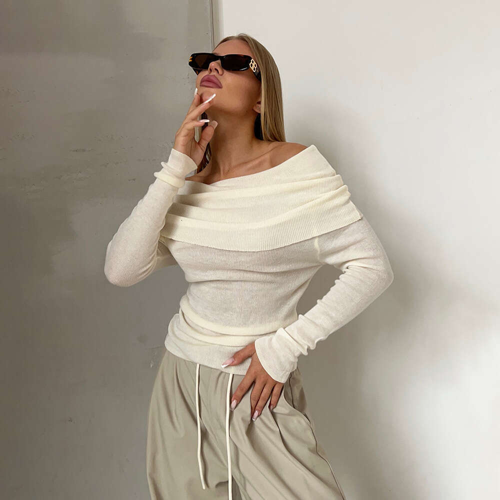 Spring Women's Sexy Slim Fit Solid Color Pullover Off-Shoulder Long Sleeve Knit Sweater B5