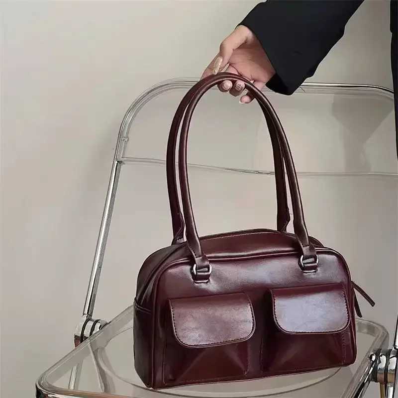 Vintage Wen Business Shoulder Bags Simple Ladies Cute Tote Bag Pu Leather Fem Underarm Bag Burgundy Large Handbags Purse Y250718