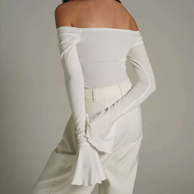 New Women Off-Shoulder Bow Long Ruffled Bell Sleeve Solid Color Simple Style Top B5