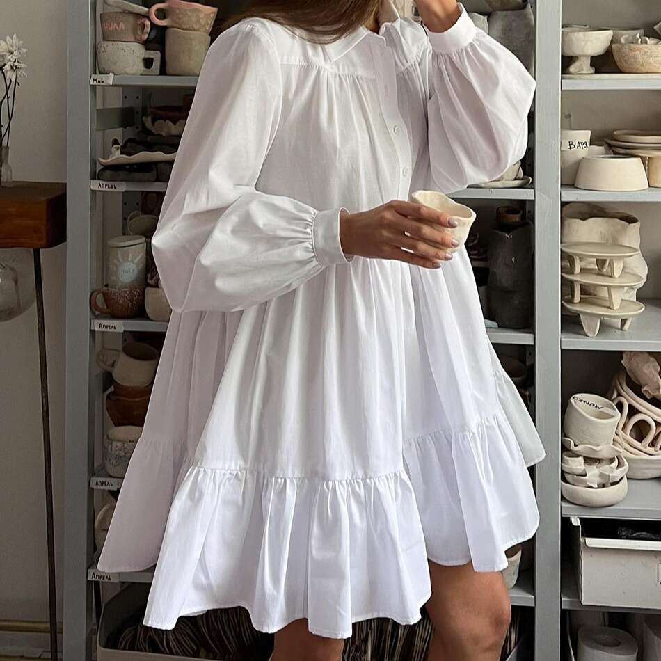 Spring New Style Shirt White Dress Women's OL Simple Cotton Top B5