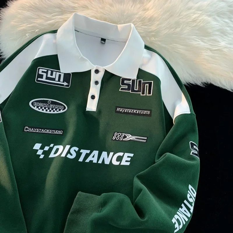 Spring Autumn Polo Shirt Korean Vintage Sweatshirt Mens Trendy Long Sleeve Lapel Racing Shirt Crossbody Top 250716