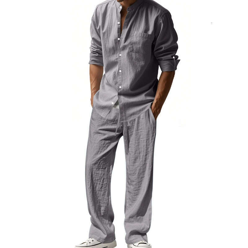 American Style Four Seasons Linen Men's Casual Loose Breathable Sleeve Long Pants Shirt Beach Set B5