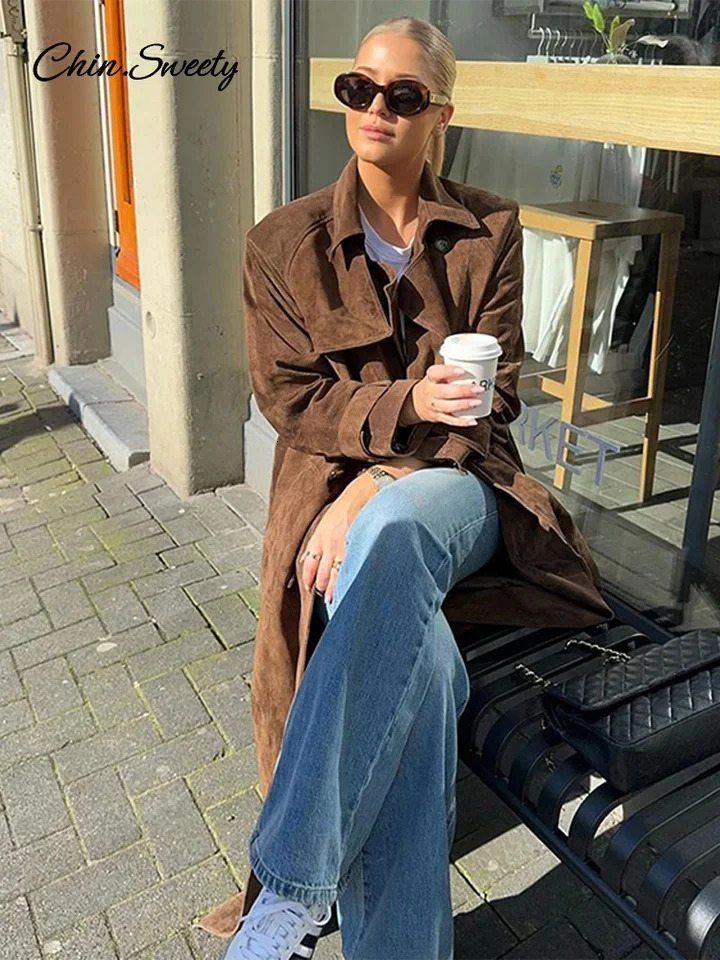 Elegant Suede Long Trench Coat Women Belt Double Breasted Full Sleeve Brown Windbreaker Autumn Lady Street Outwears 250716