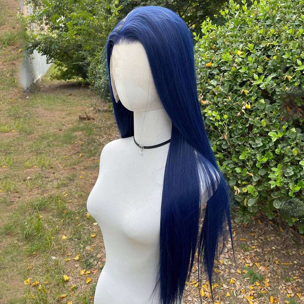 Dark Blue 13X4 Synthetic Front For Women 26 Inch Long Sliky Straight Lace Wigs Half Hand Tied 150% Density Glueless