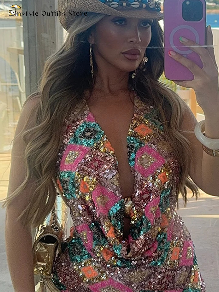 Sequin Shorts Suit Women Slim Summer Holiday Cowl Neck Backless Short Pants Set Lady Sexy Beach Stylish Sets Female Stylish 250714