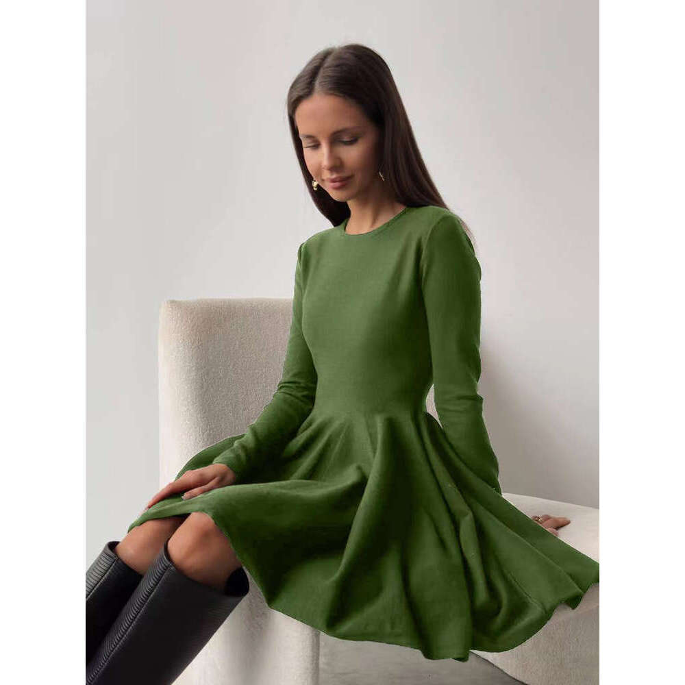 Round Neck Waist-Cinching Knitted For Women Versatile High-End Ins Style Pleated Sweater Dress B5