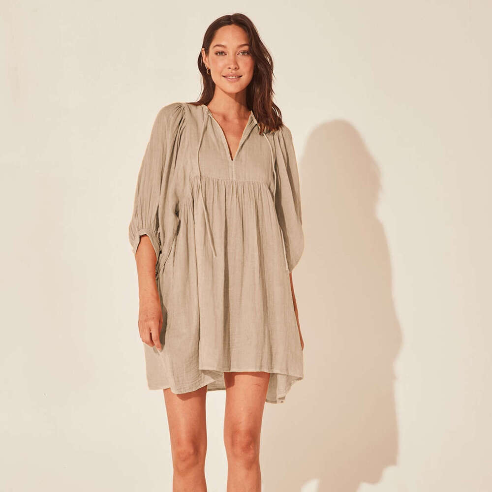 Fashion Summer Women's Solid Color Plus Size Loose Lantern Sleeve Casual Elegant Versatile Dress B5