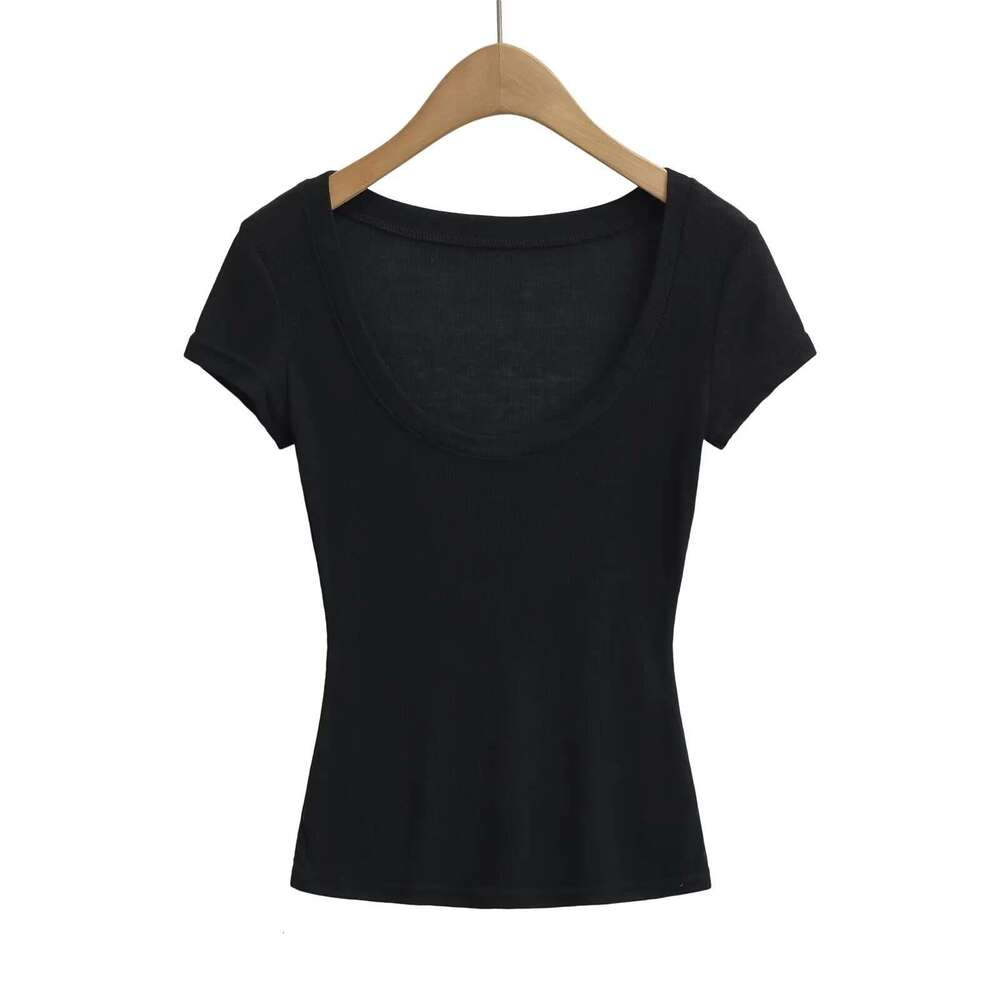 Slightly Transparent Thin U-Neck Short Sleeve T-Shirt For Women Summer Slim Fit Inner Layer Base Shirt Hot Girl White Slimming Regular Shoulder Top B5