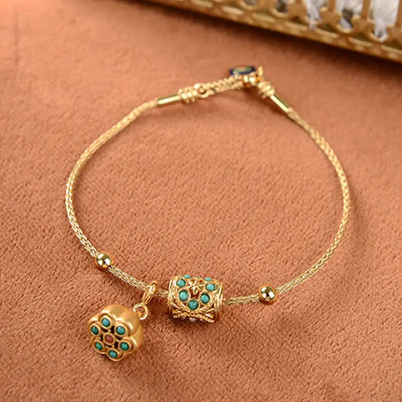 Ancient gold craftsmanship inlaid turquoise lotus with adjustable bracelet temperament retro ancient ladies jewelry 250712