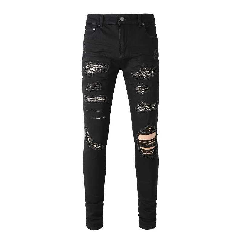 2025 Men Crystal Stretch Denim Jeans with Holes Ripped Black Cotton Pants Streetwear Skinny Tapered Trousers X2507181