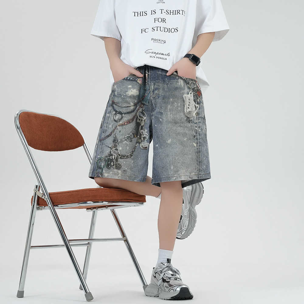 Y2K retro bag denim shorts art pattern decal embroidery high-quality hip-hop jeans mens street graffiti clothing Z250416
