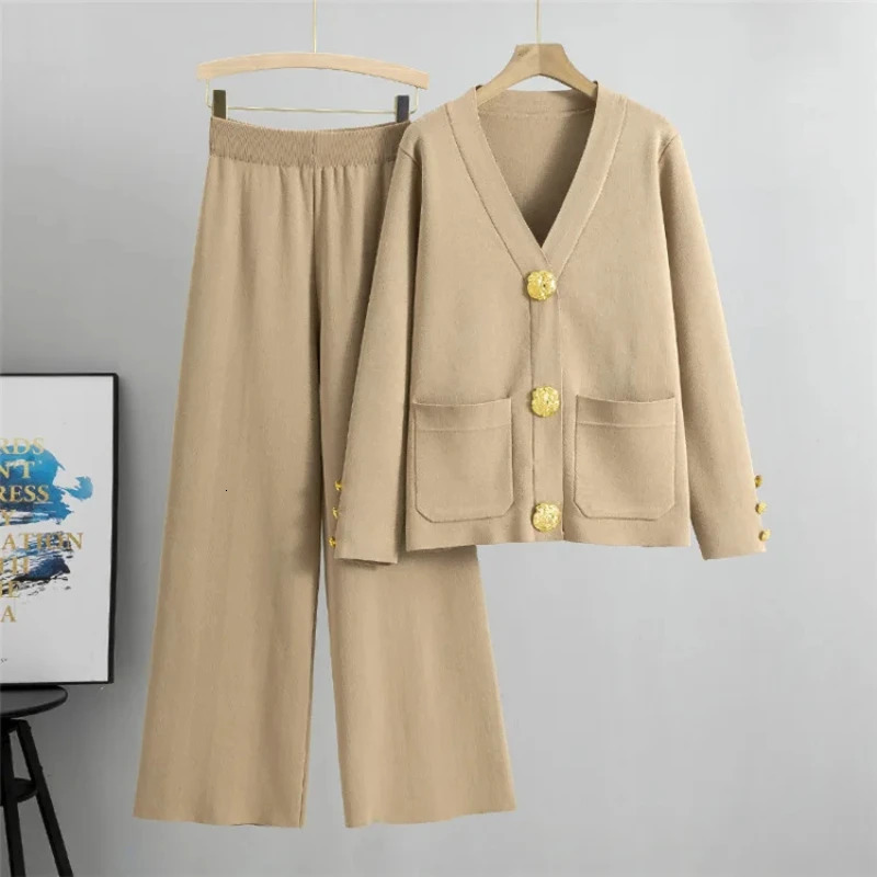 Fall Winter Womens Knit Sweater Sets Large Gold Button V-neck Cardigan Coats Conjunto High Waist Baggy 95cm Wide Leg Pants Suit 250714