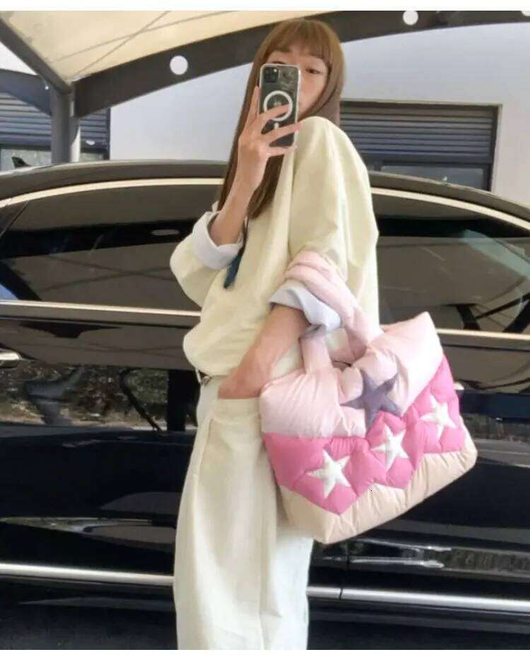 Shoulder Bags For Women Star Cute Quilted Tote Contast Color Pink And Purple Love High Capacity All Match Cotton Soft Fashion