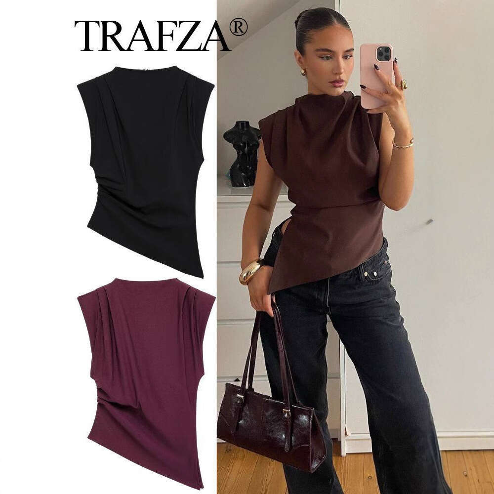 TRAFZA Women's Clothing Spring And Autumn New Design Sense Ruched Decorative Padded Shoulder Blouse B5