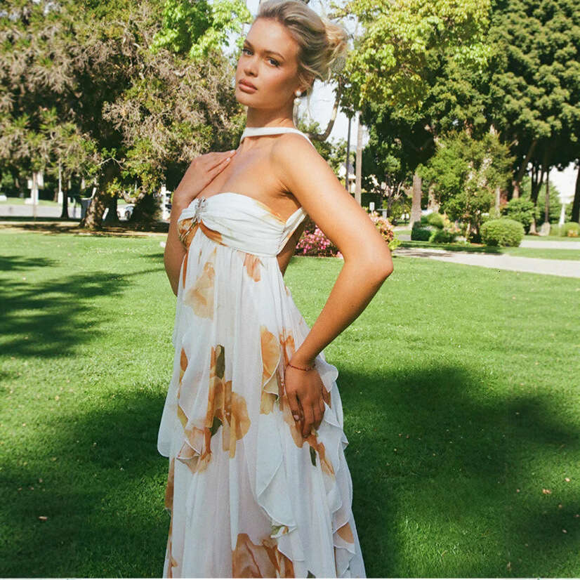 Sexy Backless Halter Lace For Women Summer New Beach Vacation Floral Print Maxi Dress B5