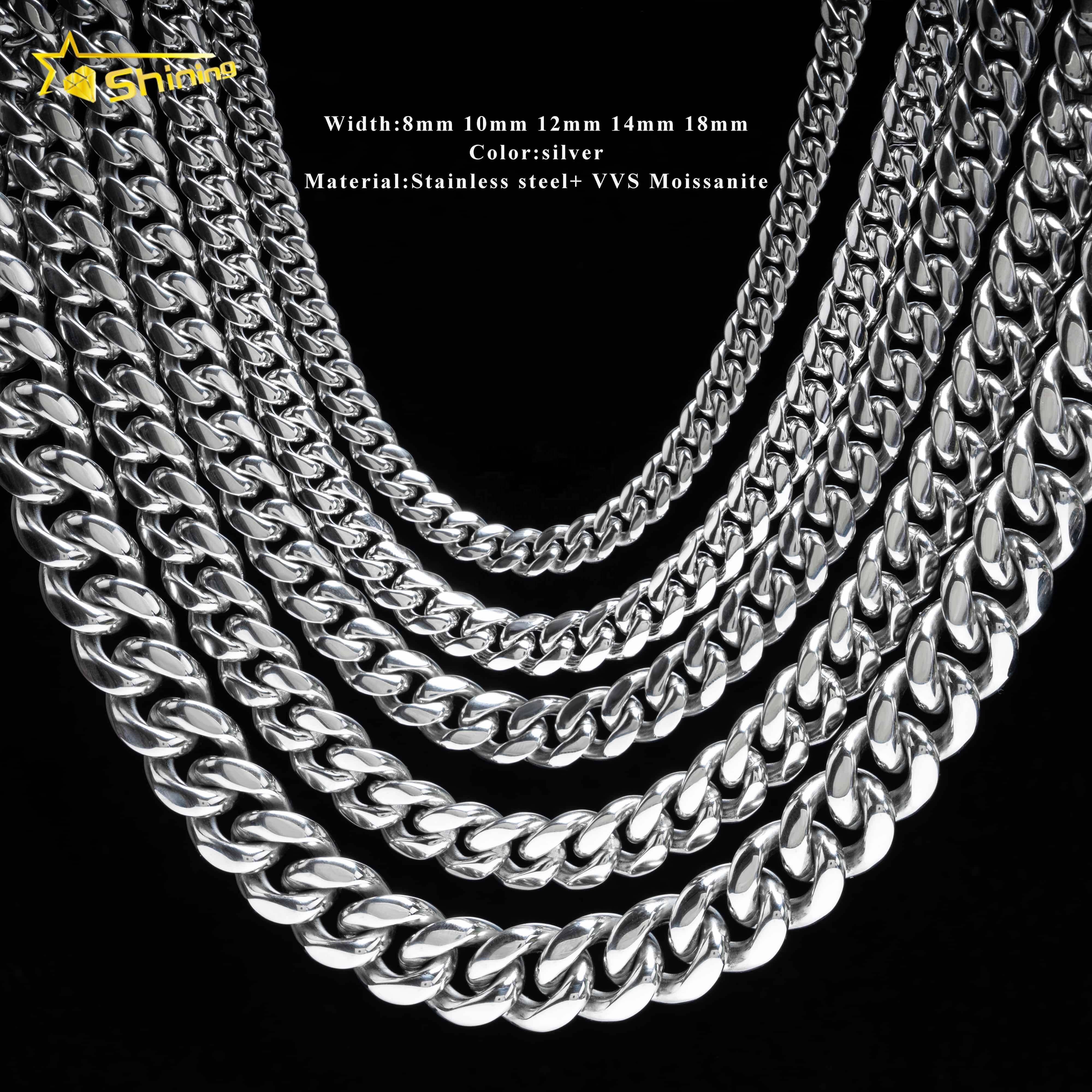 Hip Hop Jewelry Moissanite Clasp 8mm 10mm 12mm 14mm 18mm Stainless Steel Necklace Mens Gold Plated Miami Cuban Link Chain