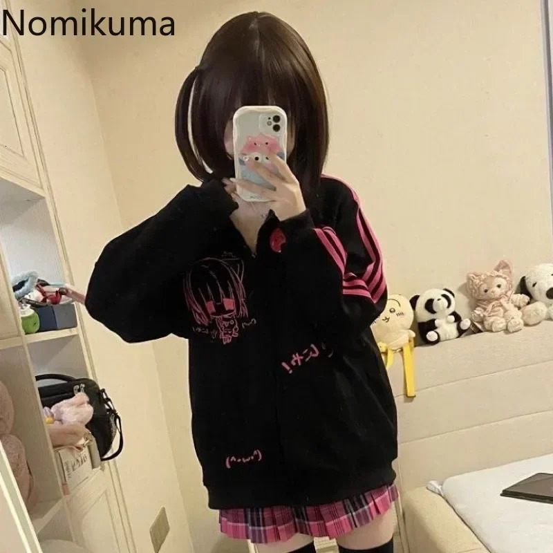 2025 Ropa Mujer Stand Neck Sweatshirts Women Clothing Long Sleeve Casual Anime Print Tops Fashion Japanese Oversized Y2k Hoodies 250717