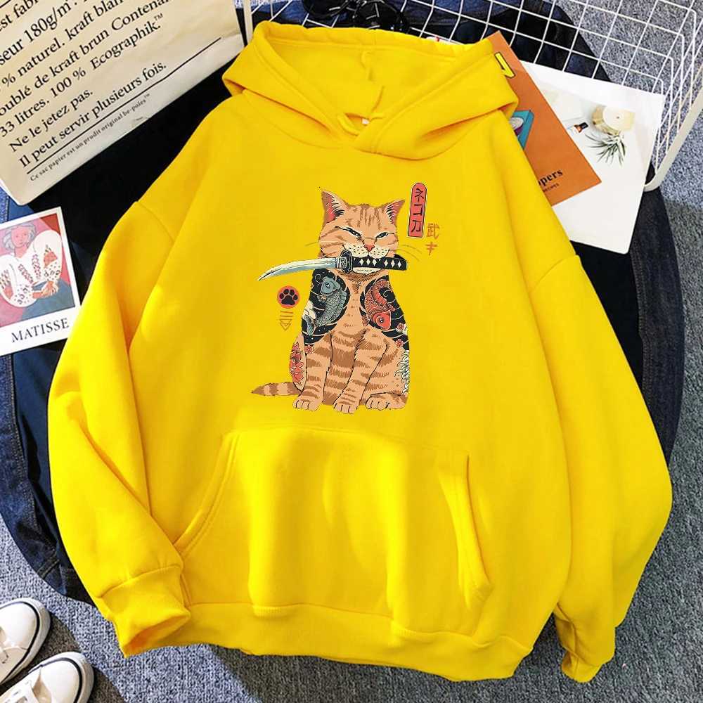 Japanese Cartoons Cat Ukiyo E Print Women Hoodie Hip Hop Face Pullovers Creativity Crewneck Clothing Face Loose Womens Hoodie XJ250717