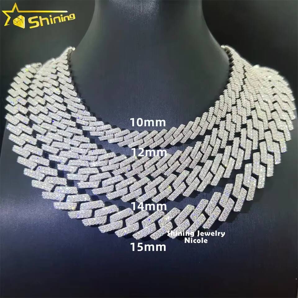 Fine Jewelry Necklace S925 Sterling Silver 10mm 12mm 14mm 15mm Hip Hop Iced Out 2 Row Vvs1 Moissanite Diamond Cuban Link Chain