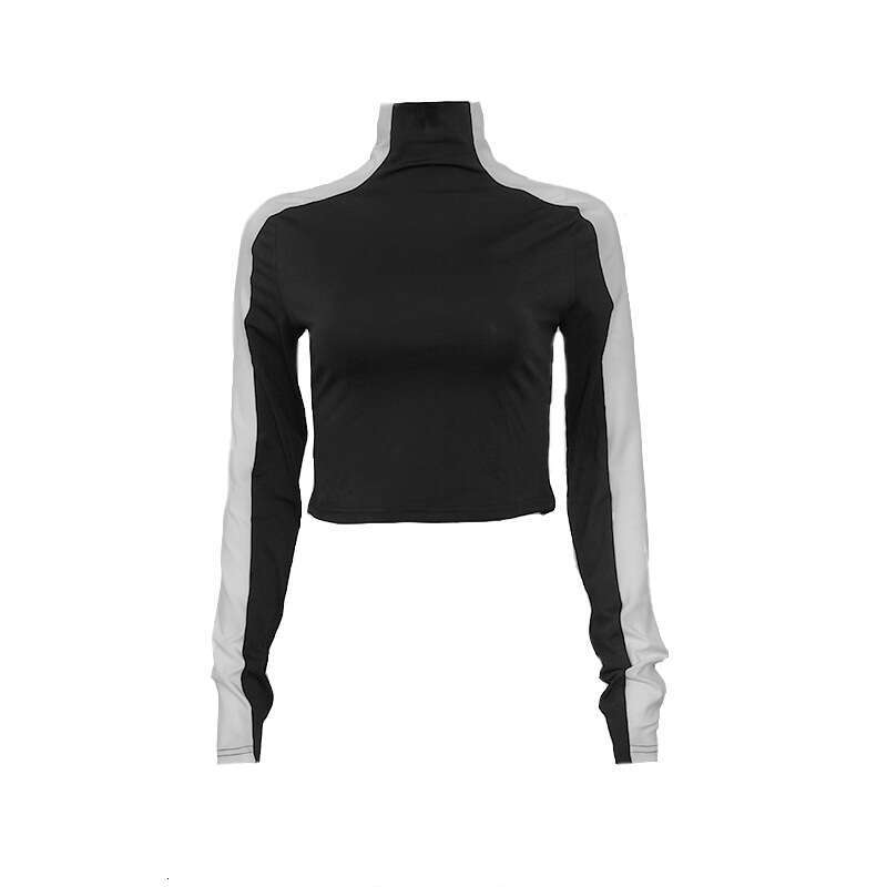 Autumn New Style Color Block Stand Collar Long Sleeve T-Shirt Short Slim Fit Top Ins B5