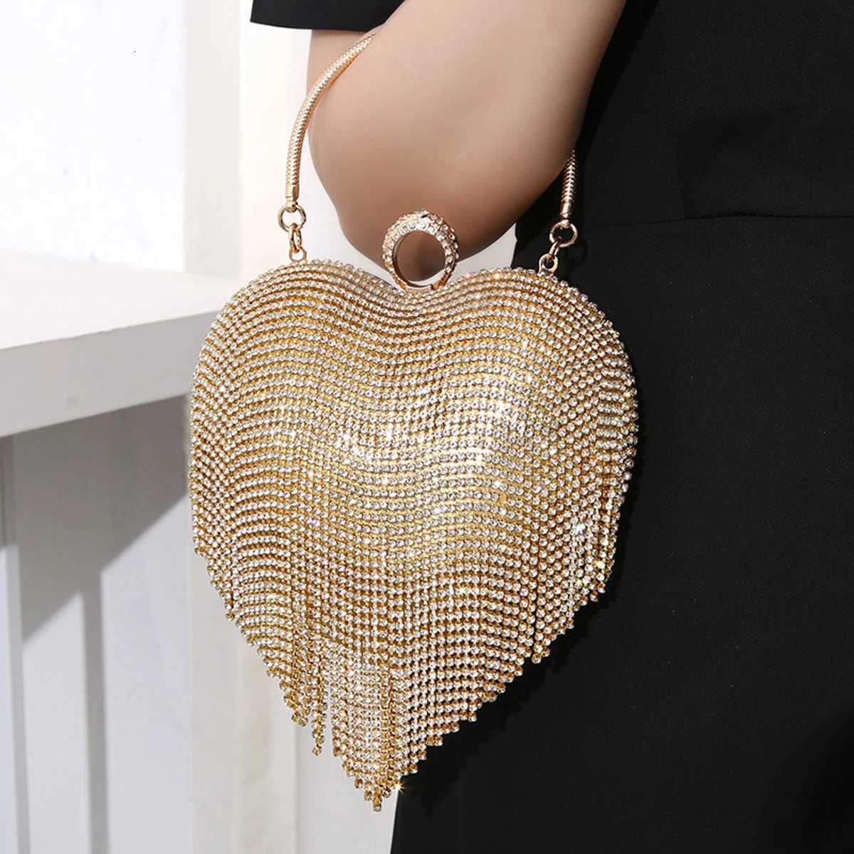 Rhinestone Evening Bag Heart Pattern Silver Handbag Womens Diamond Tassel Banquet Clutch And Purse Wedding Bridal Prom Wallets Y250717