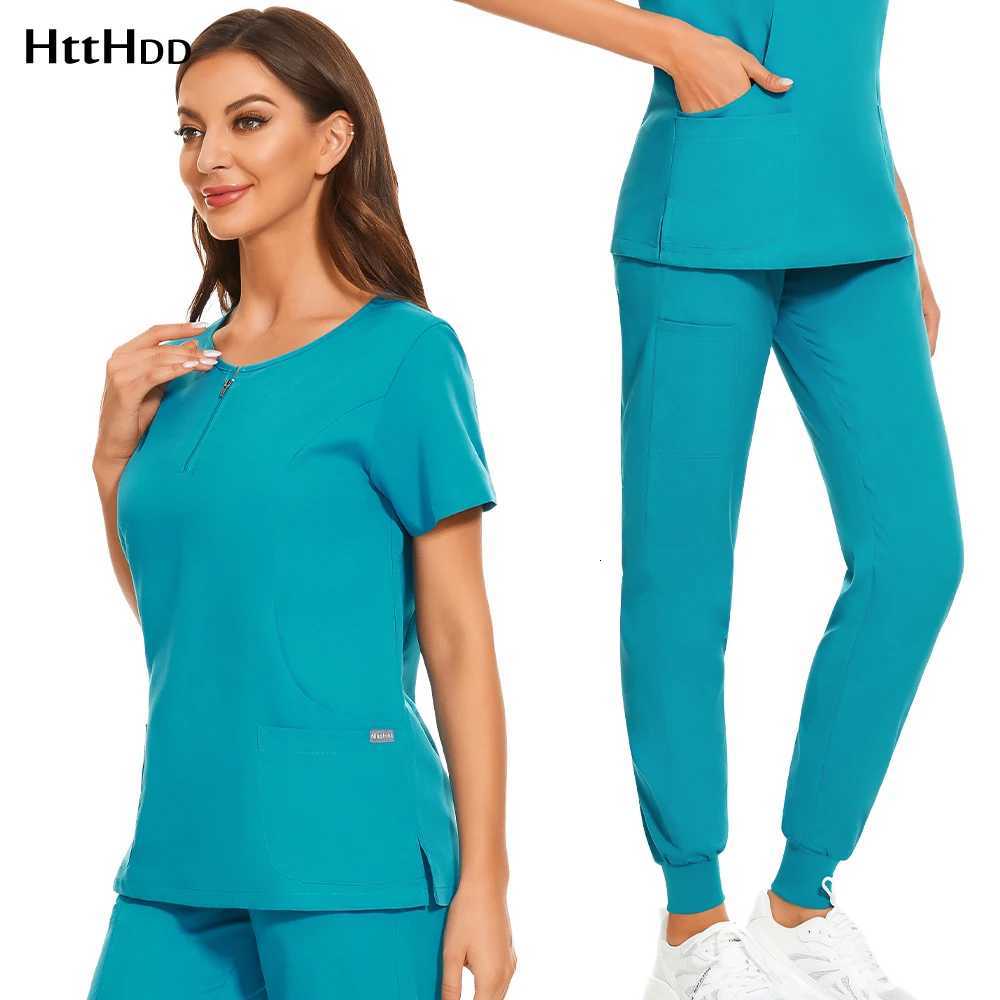 Wholesale 7 Colors Zipper V-neck Short Sleeve Pocket Nursing Working Top Pants Uniform Solid Breathable Soft Women Wear Suit Z250718