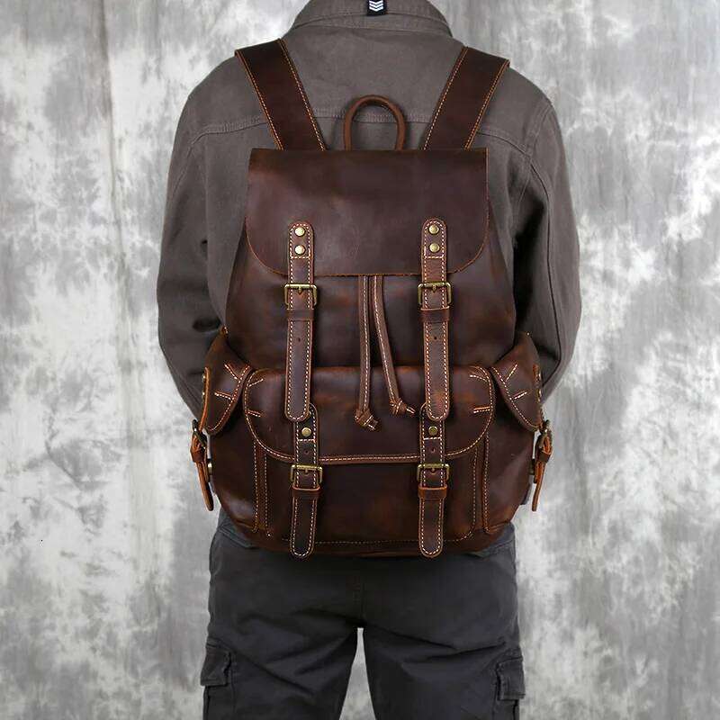 Retro Men's Top Layer Cowhide Travel Backpack Large Capacity School Crazy Horse Leather Laptop Bag NZPJ MDNG