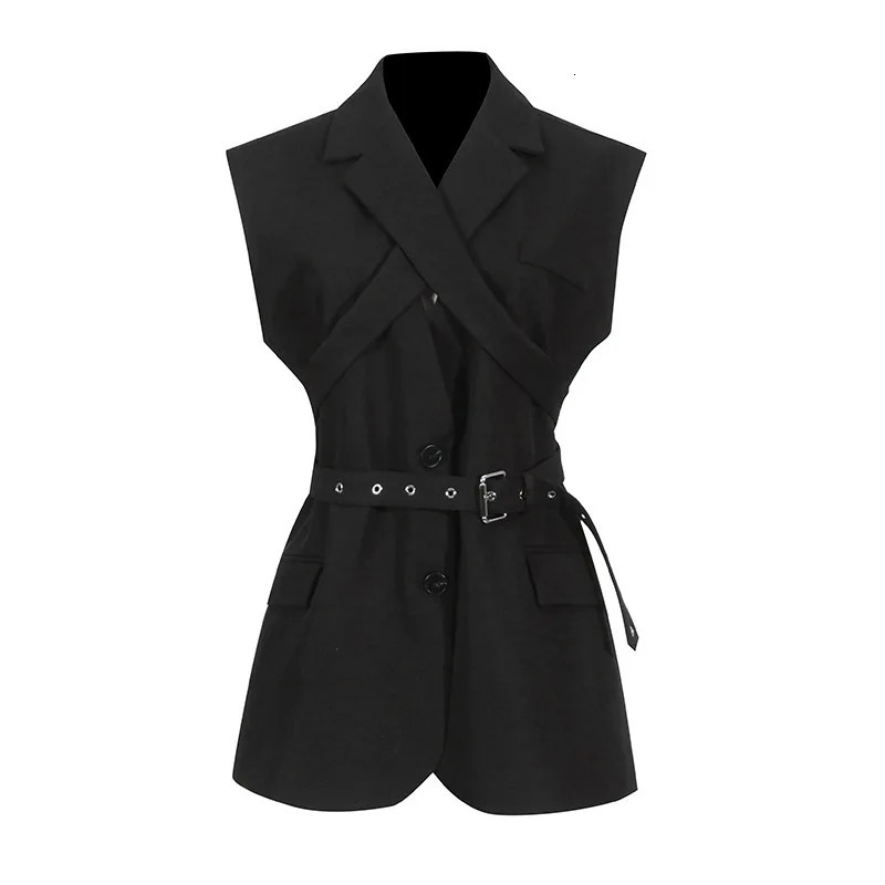 HKSH Spring Autumn Women Dark Niche Elegant Temperament Sleeveless Belt Lapel Blazer Chic Ins Y2K Waistcoat HK4714 250703