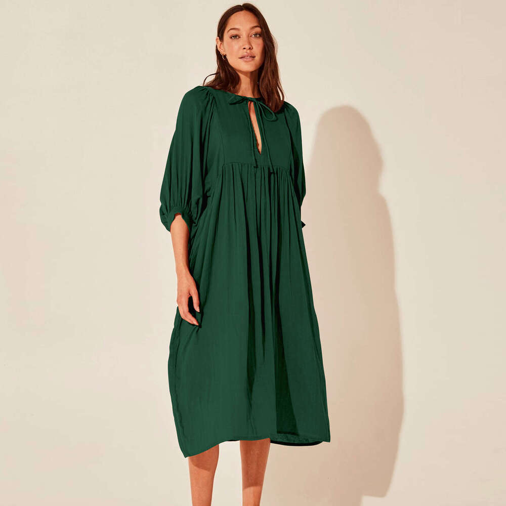 Autumn New Large Size Loose Lantern Sleeve Casual Solid Color Long Dress B5