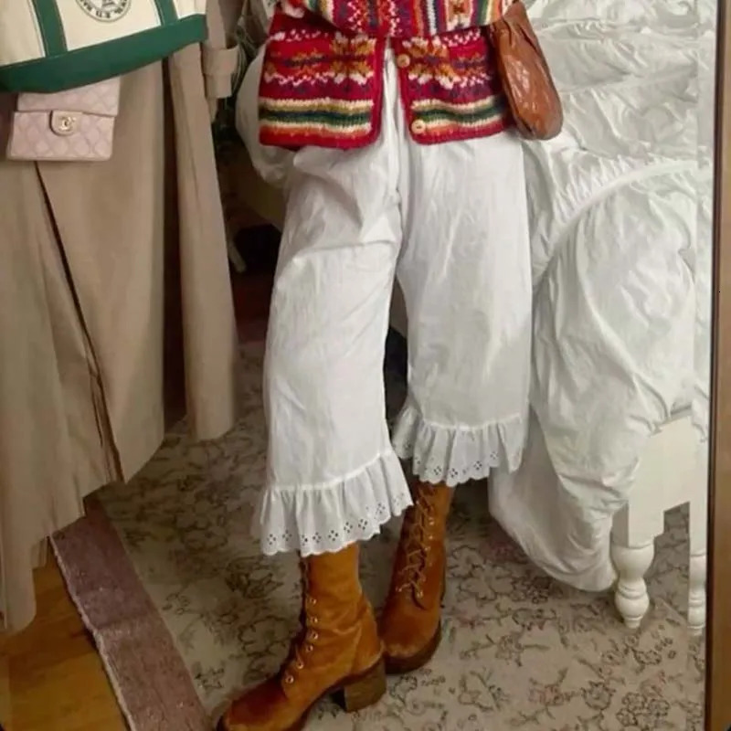 Cottage Fairy Wide Leg Pants Y2k Aesthetic 00s Retro High Waist CalfLength Vintage Lounge Loos Fit Ruffles Hem Trousers 250714