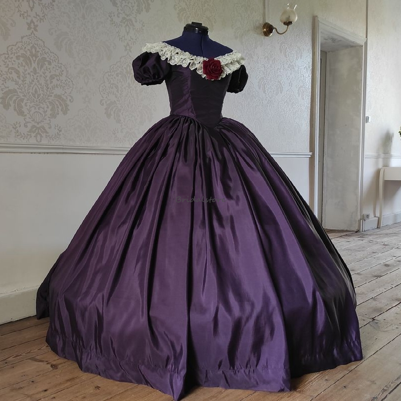 Renaissance Purple Prom Dress With Lace South Belle 1860s Satin Evening Dresses 2025 Party Short Sleeve Formal Medieval Historical Dress Civil War Dre
