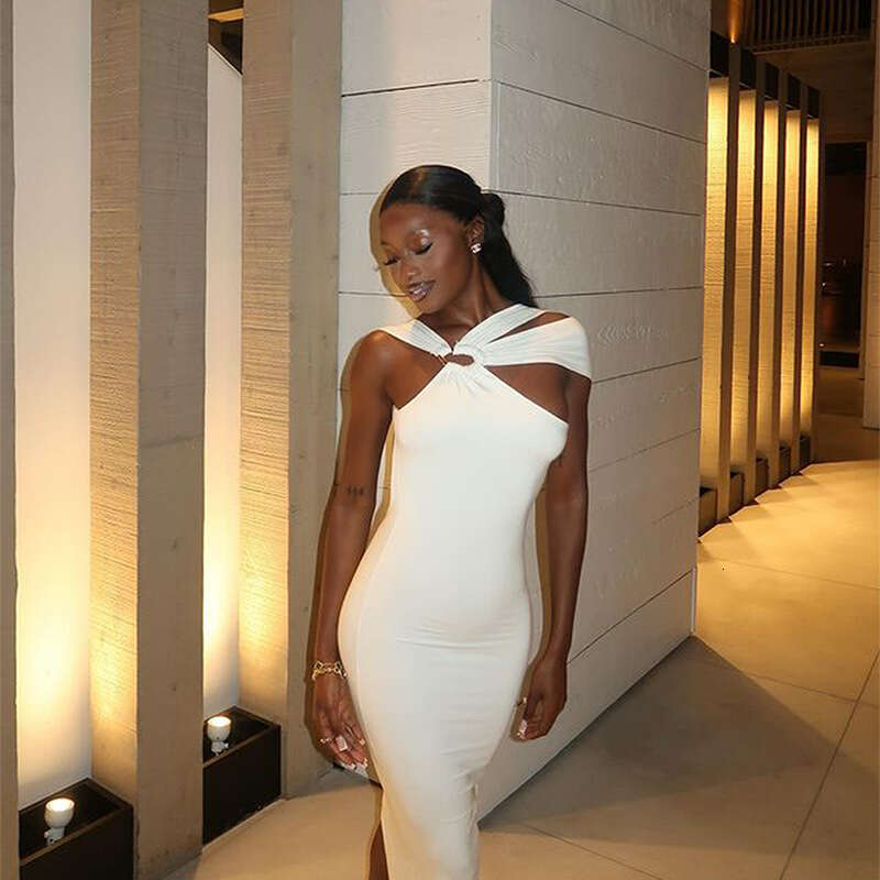 Ins Style Women's Metal Buckle Halter Neck Sleeveless Elegant Slit Hollow Out Backless Irregular Dress B5