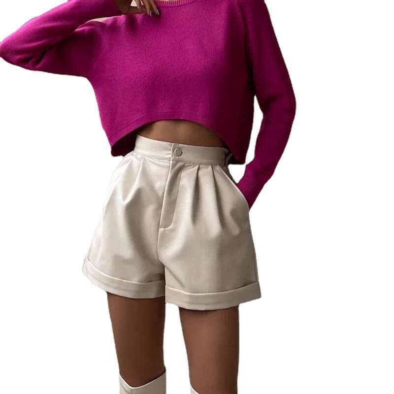 PU Leather Style Women's Fashion Autumn New Loose A-Line Wide-Leg Zipper Shorts B5