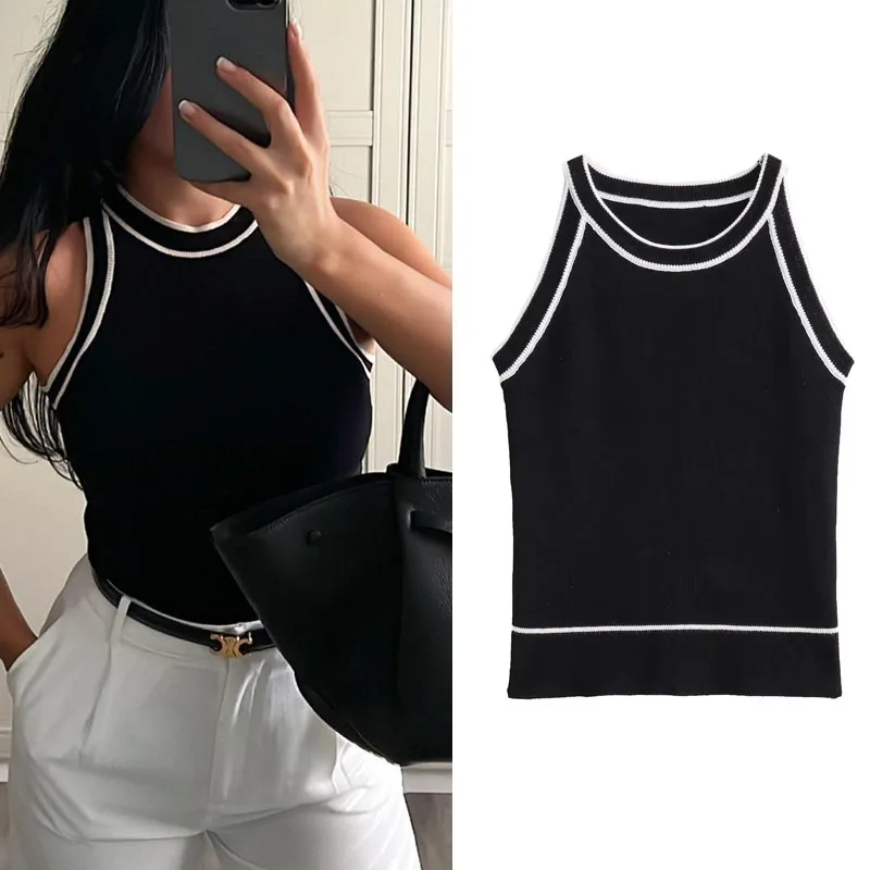 Womens TRAF Cropped Black Knit Vest - Sleeveless Fashionable Casual Top